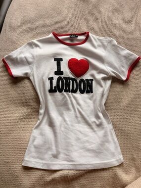I Heart London Short Sleeve Tee in White with Red Trim